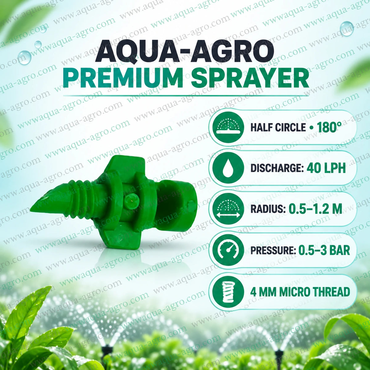 AQUA AGRO Premium Imported Green Half Circle Micro Sprayer with 180 Degree Spray Pattern 40 LPH Discharge 4mm Micro Threaded Inlet and 0.5 to 3 Bar Operating Pressure