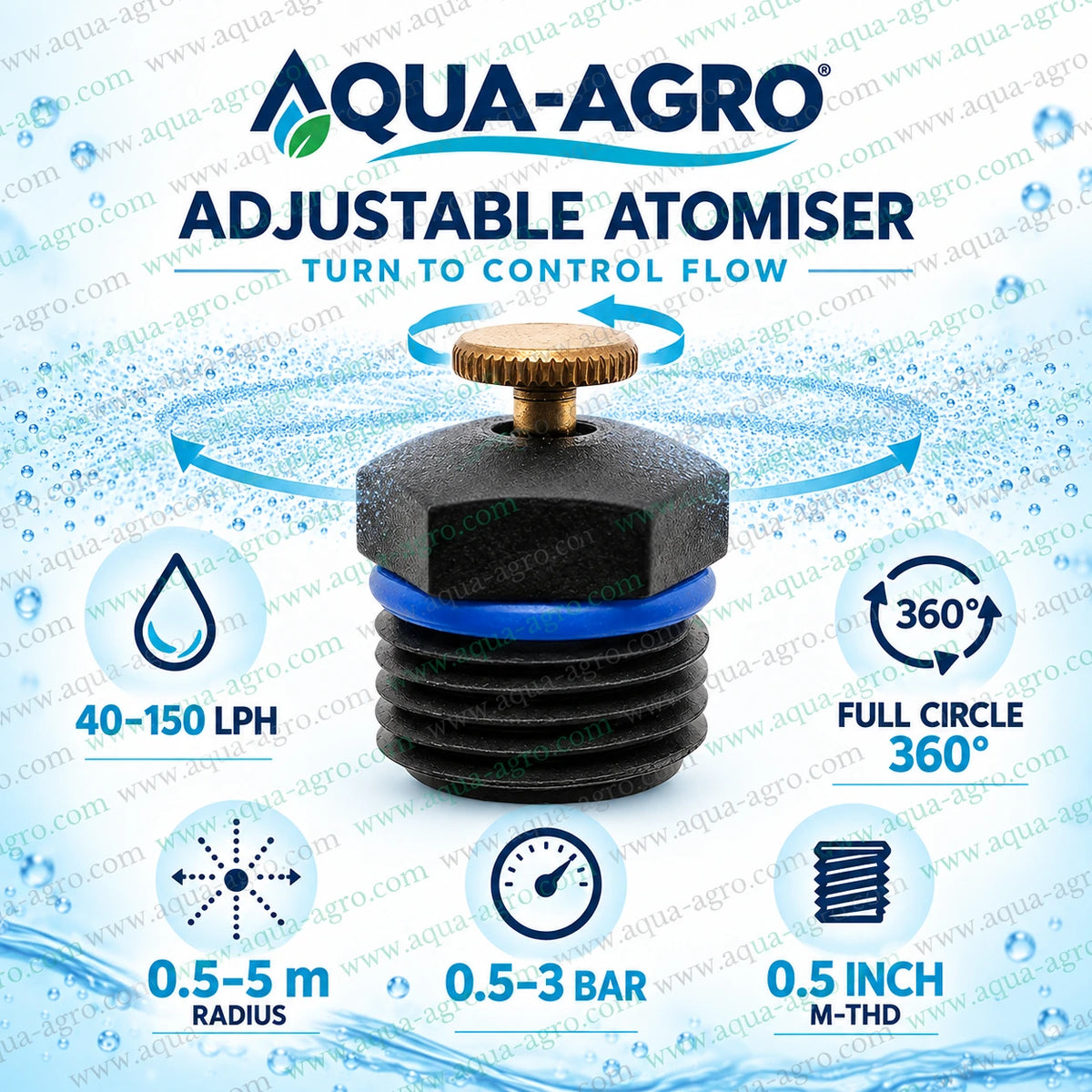 AQUA AGRO Premium Imported Adjustable Plastic Atomiser Sprayer with 40 to 150 LPH Discharge 0.5 Inch Male Threaded Inlet 360 Degree Spray Coverage and 0.5 to 5 Metre Radius