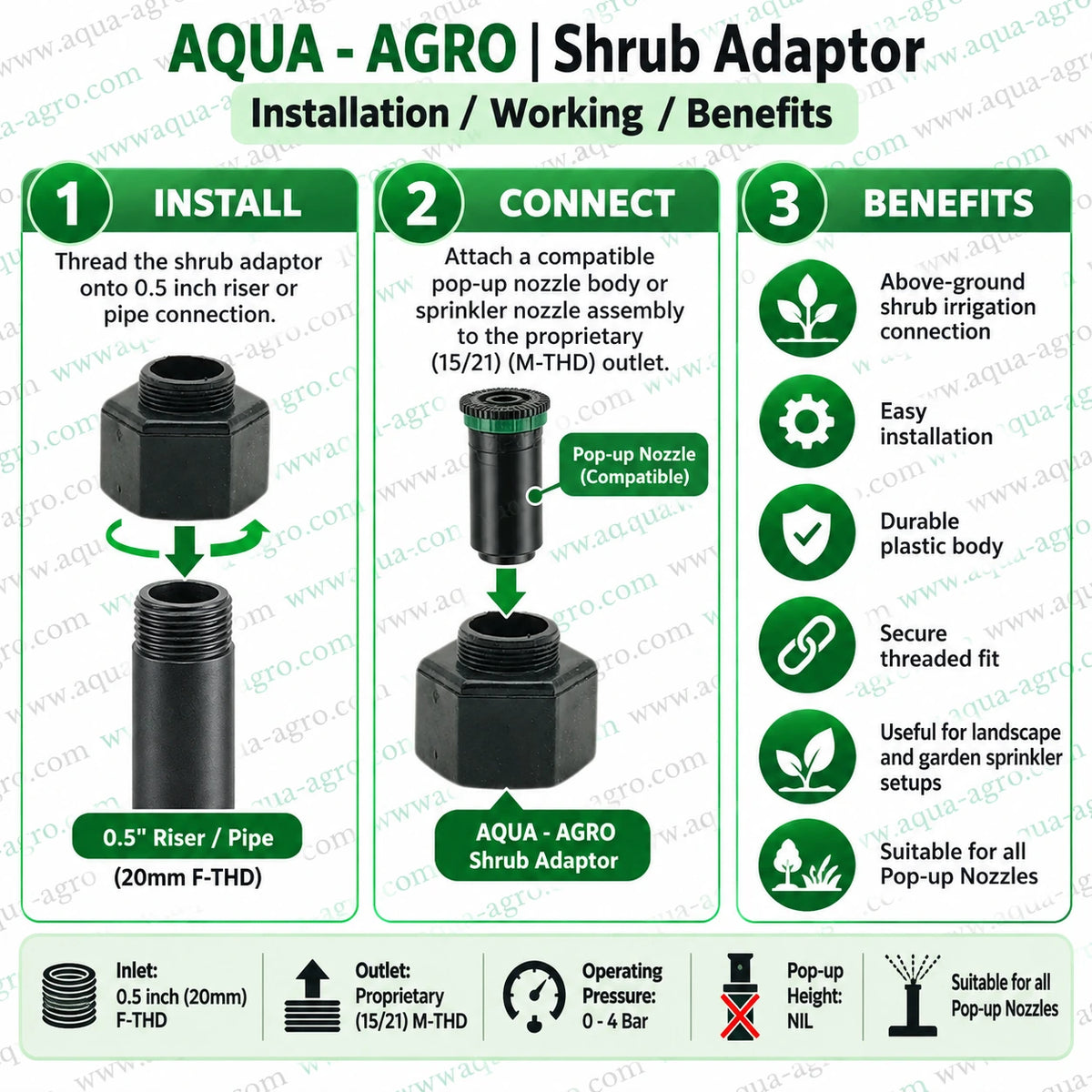 AQUA AGRO shrub adaptor installation with 0.5 inch riser pipe and pop-up sprinkler nozzle durable threaded fitting for lawn garden and landscape irrigation systems