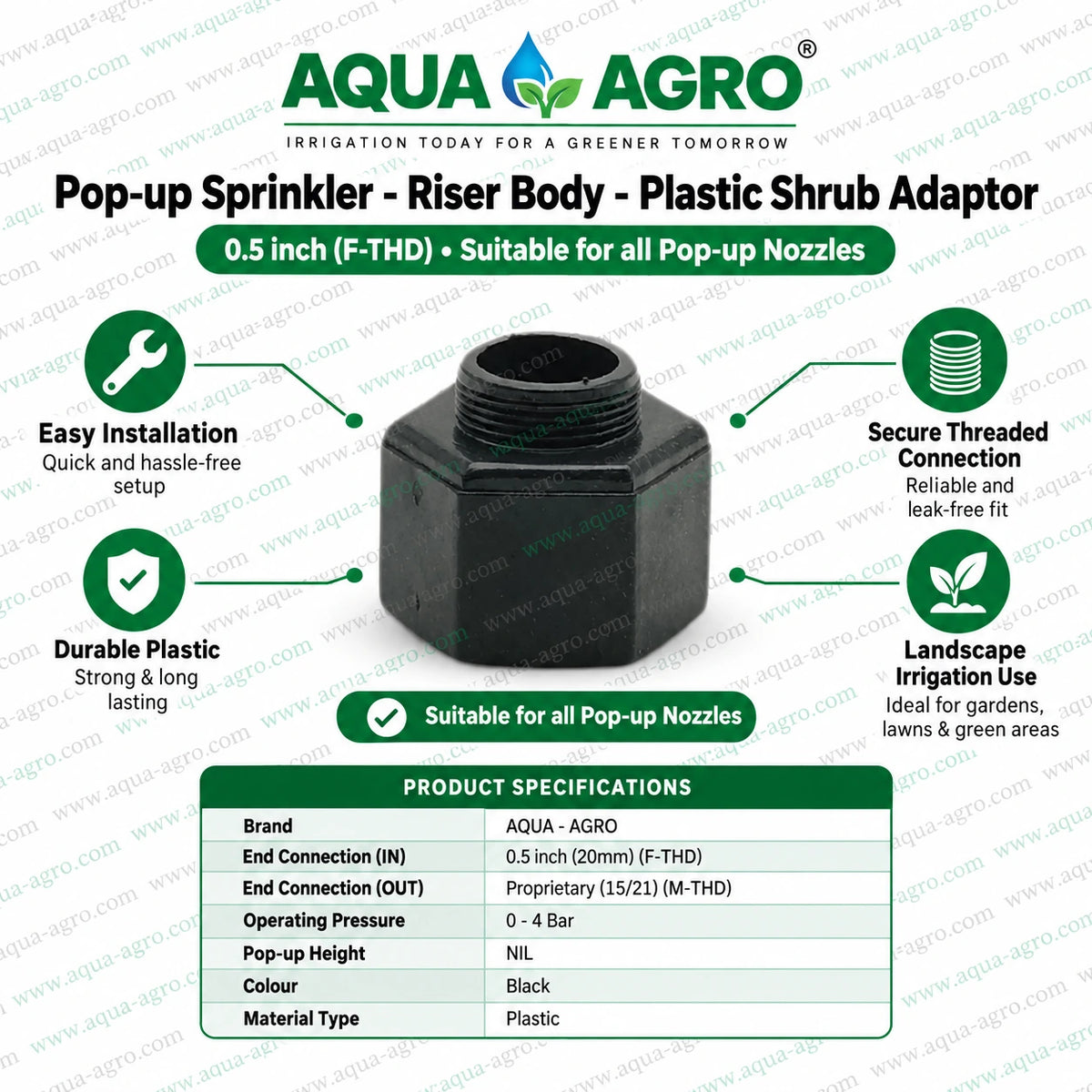 AQUA AGRO plastic shrub adaptor 0.5 inch 20mm female threaded pop-up sprinkler riser body suitable for pop-up nozzles lawn garden and landscape irrigation