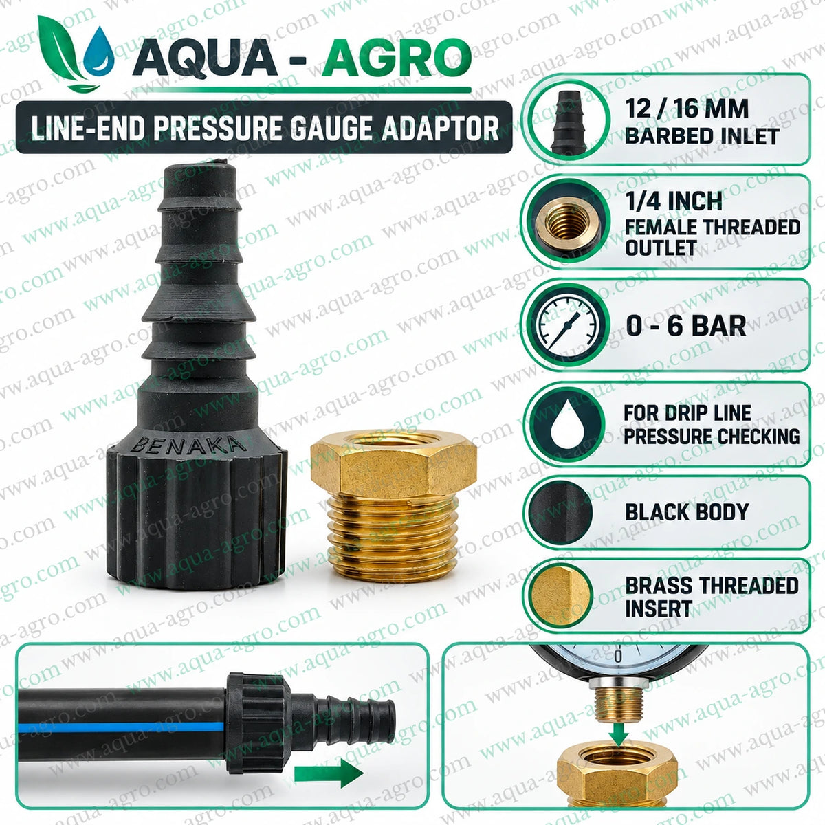 AQUA-AGRO Drip Line End Pressure Gauge Adaptor with 0.25 Inch Female Threaded Brass Insert and 12mm or 16mm Barbed Inlet Black Plastic Body for Drip Irrigation Pipeline Pressure Monitoring and 0 to 6 BAR Pressure Checking