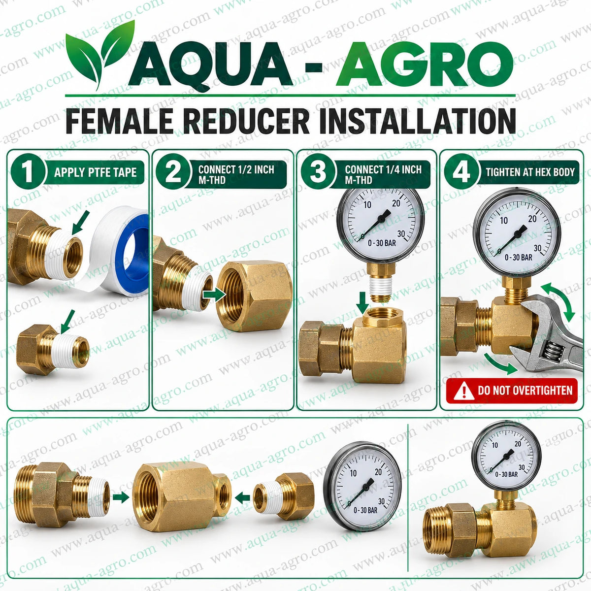 AQUA-AGRO Brass Female Reducer Installation Guide Showing 0.5 Inch Female Thread to 0.25 Inch Female Thread Pressure Gauge Adaptor Connection for Irrigation Systems