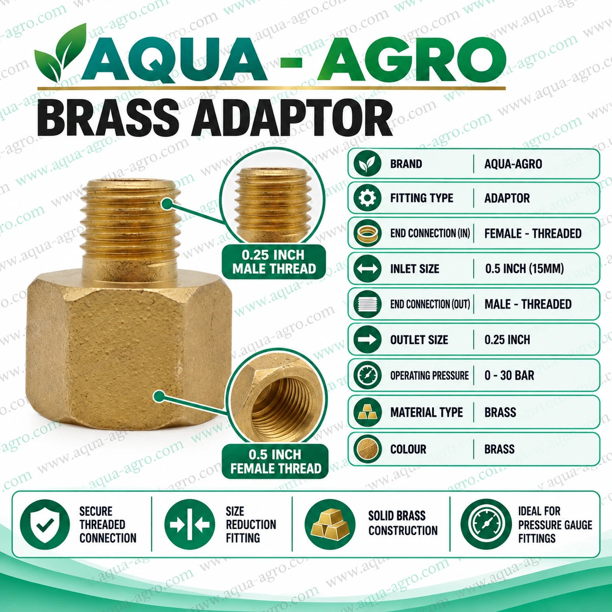 AQUA-AGRO Brass Pressure Gauge Adaptor with 0.5 Inch Female Threaded Inlet and 0.25 Inch Male Threaded Outlet Solid Brass Hexagonal Body and 0 to 30 BAR Operating Pressure for Irrigation Pressure Gauge Fittings