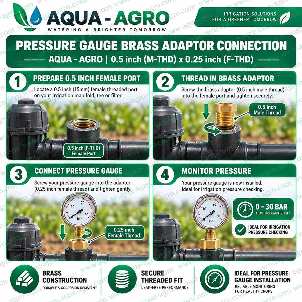 AQUA-AGRO Brass Pressure Gauge Adaptor Installation Guide Showing 0.5 Inch Male Thread and 0.25 Inch Female Thread Connection for Irrigation Manifolds and Water Filters