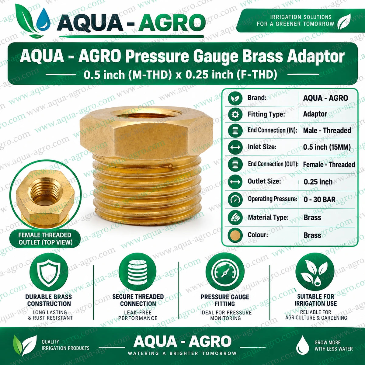 AQUA-AGRO Brass Pressure Gauge Adaptor with 0.5 Inch Male Threaded Inlet 0.25 Inch Female Threaded Outlet and 0 to 30 Bar Operating Pressure for Irrigation Systems