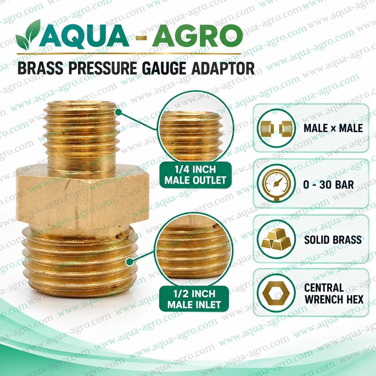 AQUA-AGRO Brass Pressure Gauge Adaptor 0.5 Inch Male Threaded Inlet x 0.25 Inch Male Threaded Outlet Solid Brass Hex Body Reducer Fitting for Irrigation Pressure Monitoring
