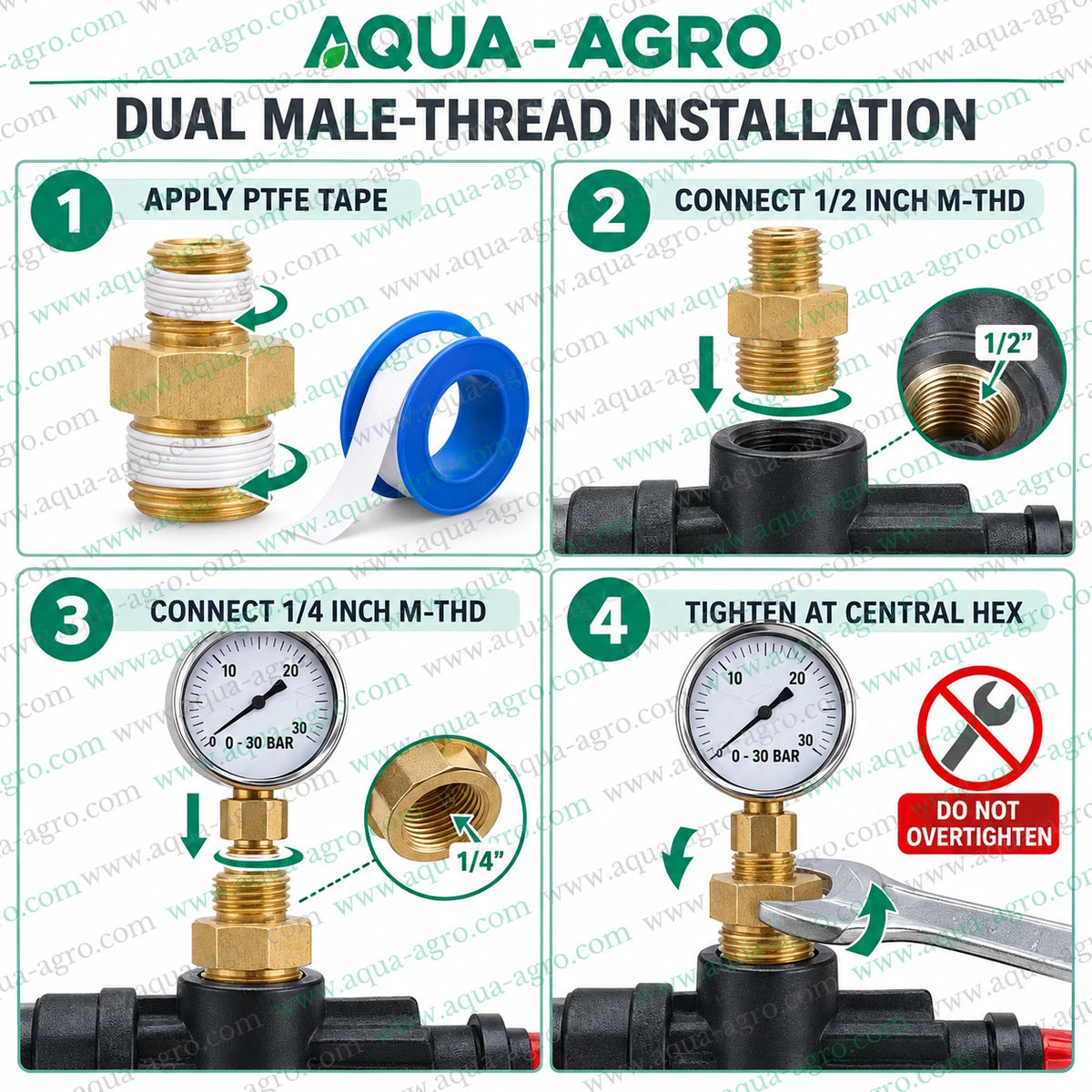 AQUA-AGRO Brass Pressure Gauge Adaptor Installation Guide Showing 0.5 Inch Male Thread to 0.25 Inch Male Thread Connection with PTFE Tape for Irrigation Pipelines