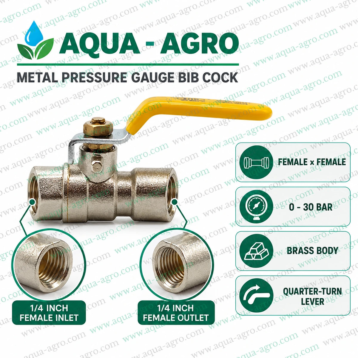 AQUA-AGRO Metal Pressure Gauge Bib Cock with 0.25 Inch Female Threaded Inlet and Outlet Durable Brass Body Yellow Quarter Turn Lever and 0 to 30 BAR Pressure Rating for Agricultural Irrigation Systems