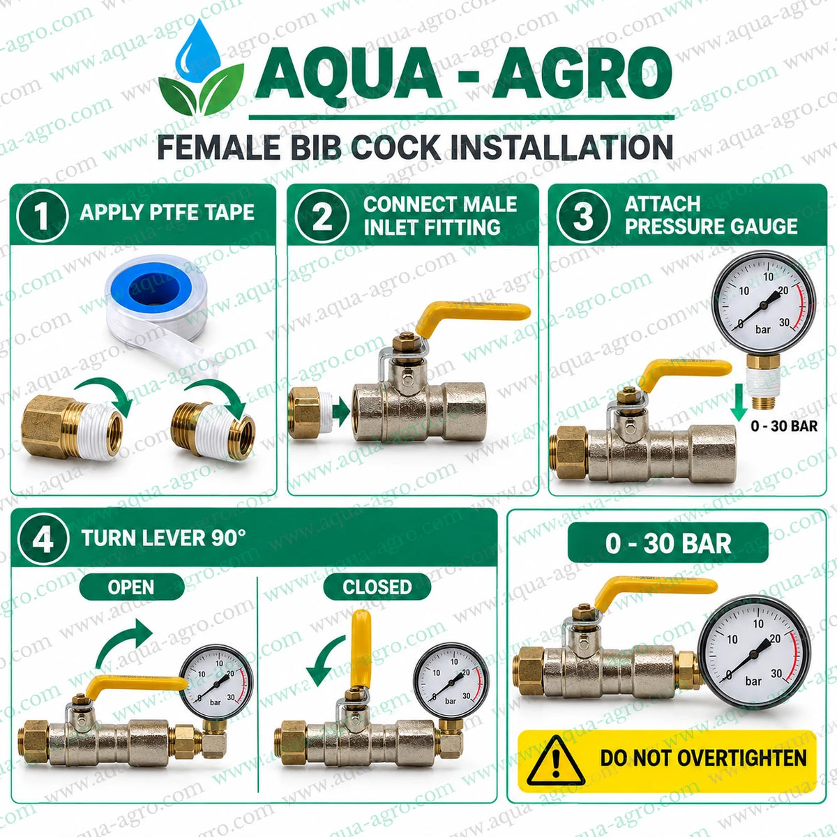 AQUA-AGRO Metal Pressure Gauge Bib Cock Installation Guide Showing PTFE Tape Application Brass Adaptor Connection Pressure Gauge Attachment and Quarter Turn Lever Operation for Irrigation Pressure Monitoring