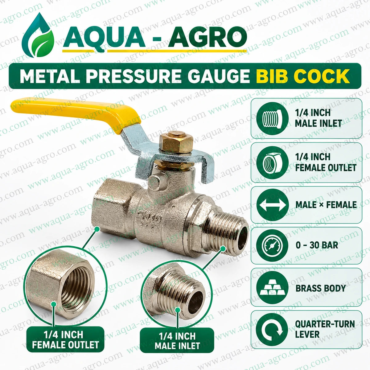 AQUA-AGRO Metal Pressure Gauge Bib Cock with 0.25 Inch Male Threaded Inlet and 0.25 Inch Female Threaded Outlet Durable Brass Body Yellow Quarter Turn Lever and 0 to 30 BAR Pressure Rating for Agricultural Irrigation Systems