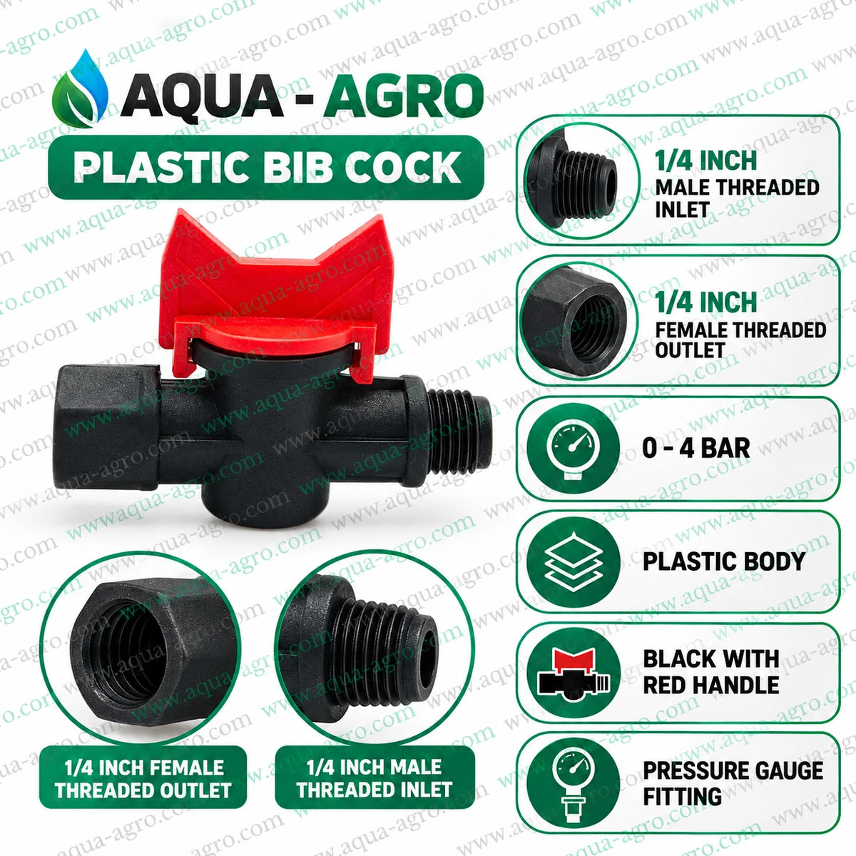 AQUA-AGRO Plastic Pressure Gauge Bib Cock 0.25 Inch Male Thread x 0.25 Inch Female Thread Black Plastic Body with Red Handle for Pressure Gauge Isolation and Water Pressure Monitoring in Irrigation Systems