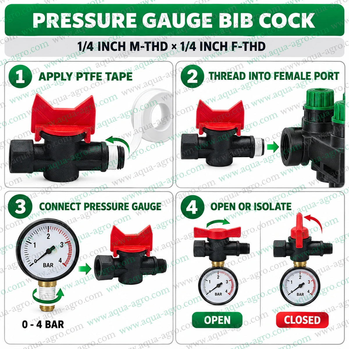AQUA-AGRO Plastic Pressure Gauge Bib Cock Installation Guide Showing 0.25 Inch Male Threaded Inlet and 0.25 Inch Female Threaded Outlet with PTFE Tape for Irrigation Pressure Gauge Connection