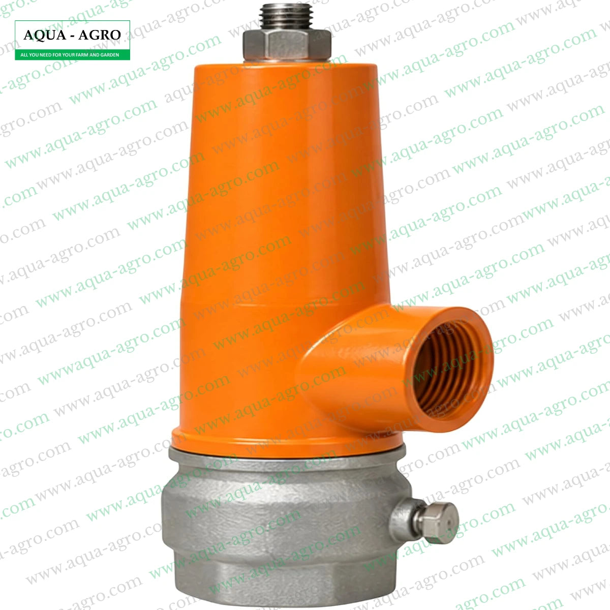 AQUA-AGRO 2 inch spring loaded pressure release valve with orange aluminium body silver metal base adjustable pressure setting and female threaded connections