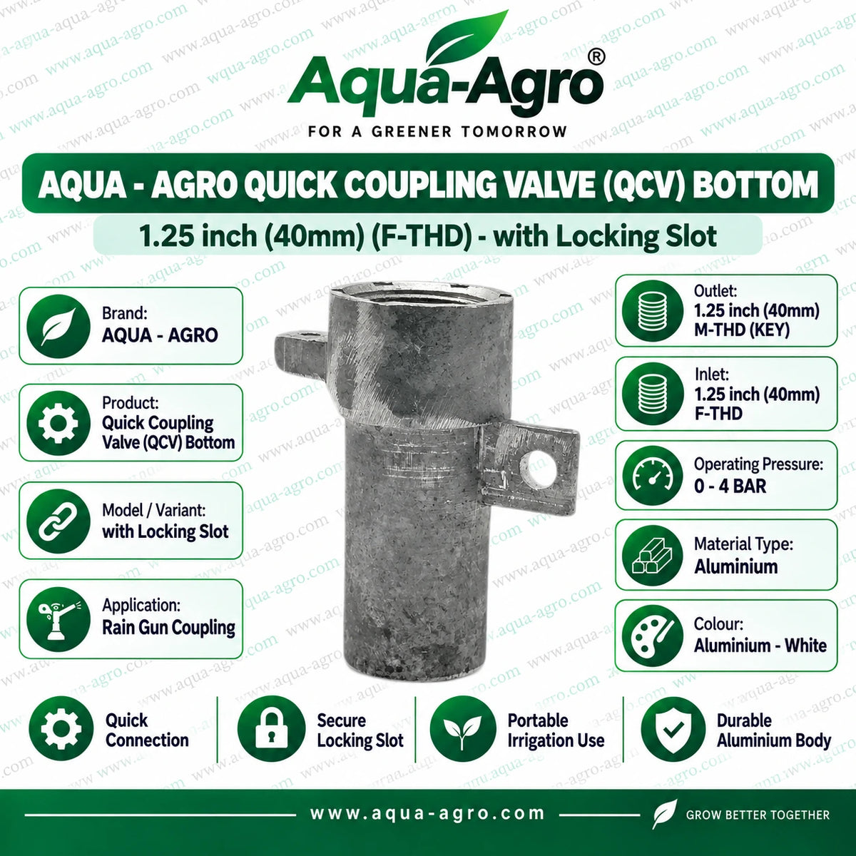 AQUA AGRO Aluminium Quick Coupling Valve QCV Bottom with Locking Slot 1.25 Inch 40mm Female Threaded Inlet for Rain Gun and Portable Irrigation System