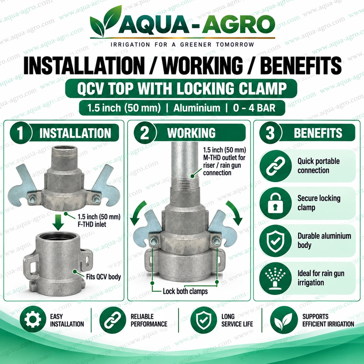 AQUA AGRO 1.5 Inch 50mm QCV Top Locking Clamp Installation for Portable Rain Gun Irrigation Quick Coupling System