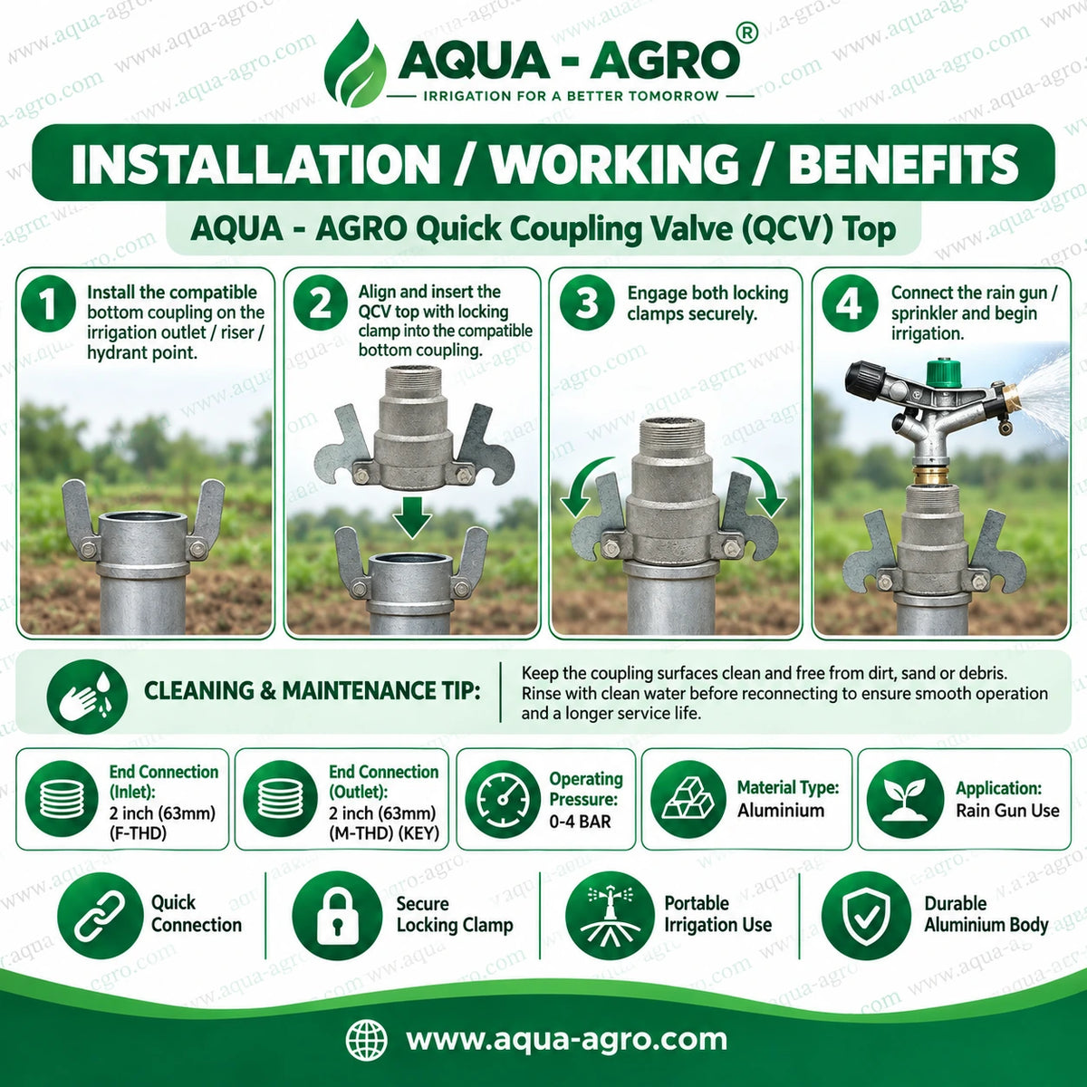 AQUA AGRO Quick Coupling Valve QCV Top 2 Inch 63mm Male Thread Aluminium Rain Gun Connector with Secure Locking Clamp