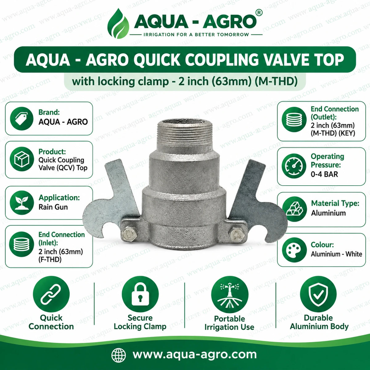 AQUA AGRO QCV Top 2 Inch 63mm Aluminium Quick Coupling Valve with Locking Clamp for Rain Gun and Portable Irrigation System