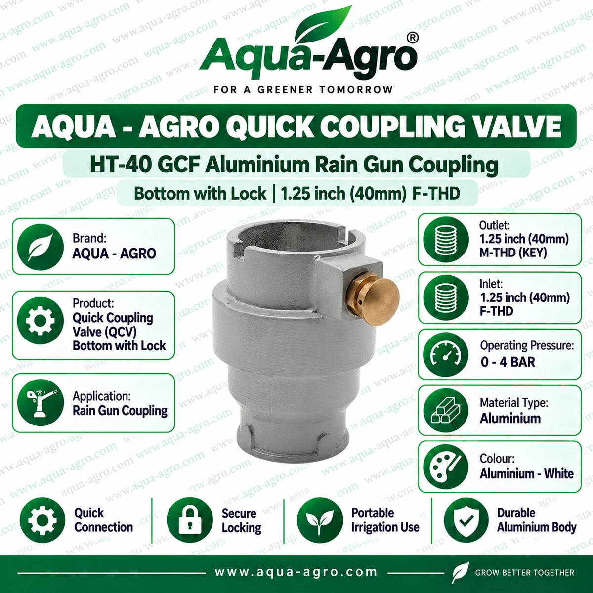 AQUA AGRO HT-40 GCF Aluminium Rain Gun QCV Bottom 1.25 Inch 40mm F THD Quick Coupling Valve with Secure Lock for Irrigation System