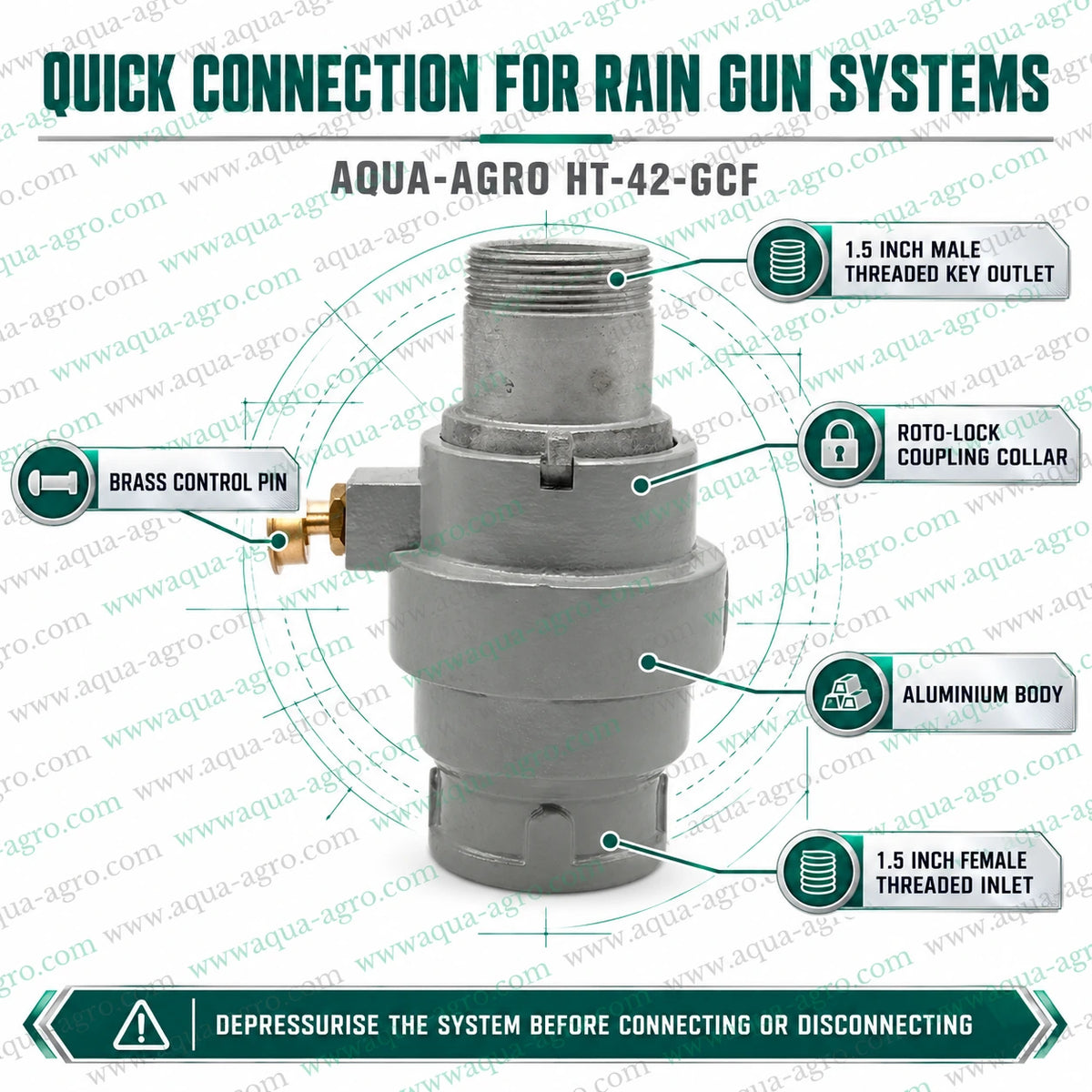AQUA-AGRO HT-42-GCF metal quick coupling valve QCV QRC aluminium rain gun coupling set with 1.5 inch female threaded inlet male threaded key outlet roto lock coupling collar and brass control pin for agricultural sprinkler irrigation systems