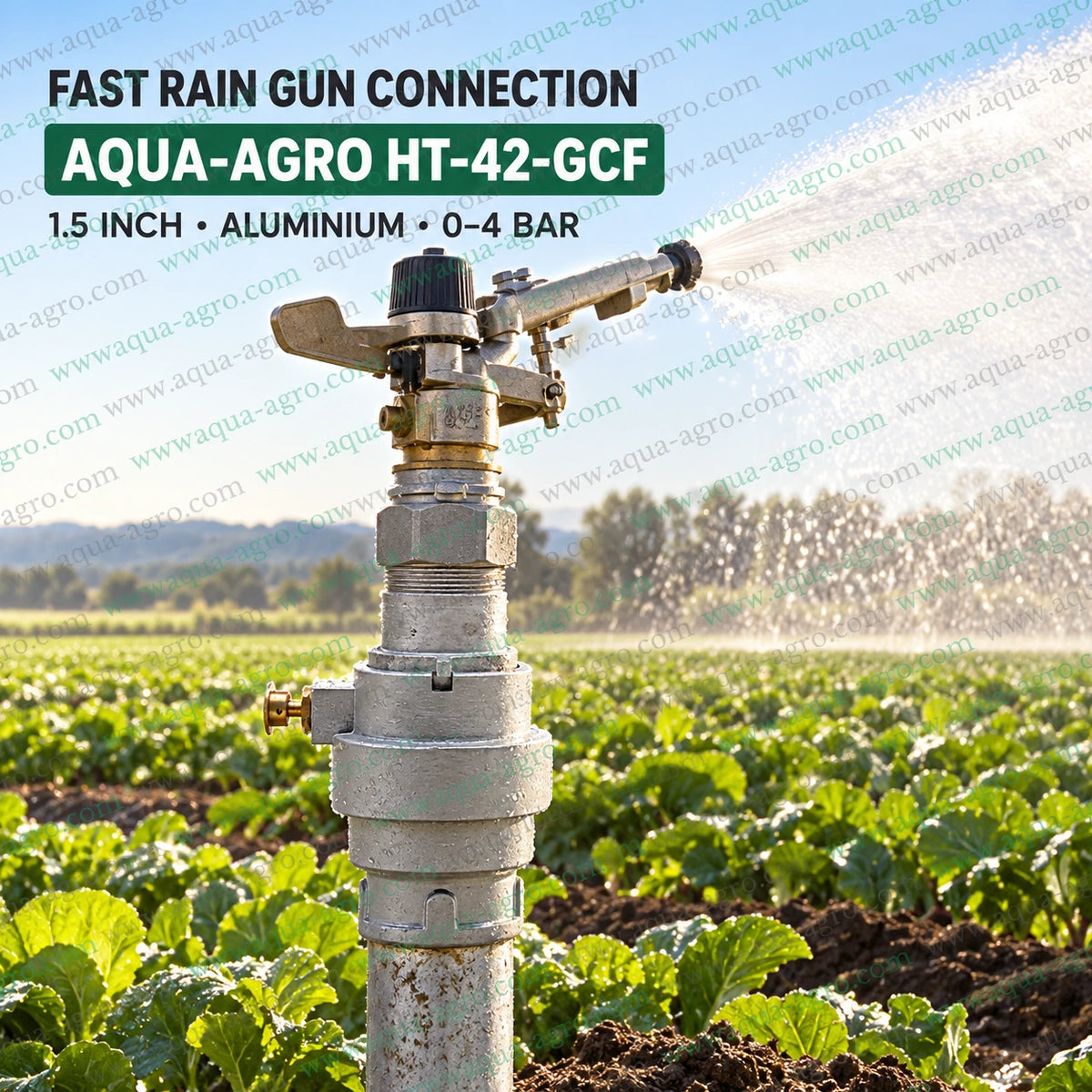 AQUA-AGRO HT-42-GCF aluminium quick coupling valve set with key for rain gun sprinkler irrigation 1.5 inch female threaded connection 0 to 4 bar operating pressure installed in agricultural field for quick rain gun connection