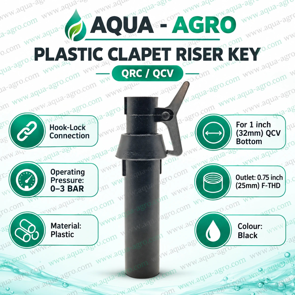 AQUA AGRO plastic QCV riser key with hook lock 0.75 inch 25mm female threaded outlet for 1 inch 32mm quick coupling valve bottom 0 to 3 bar agricultural irrigation us