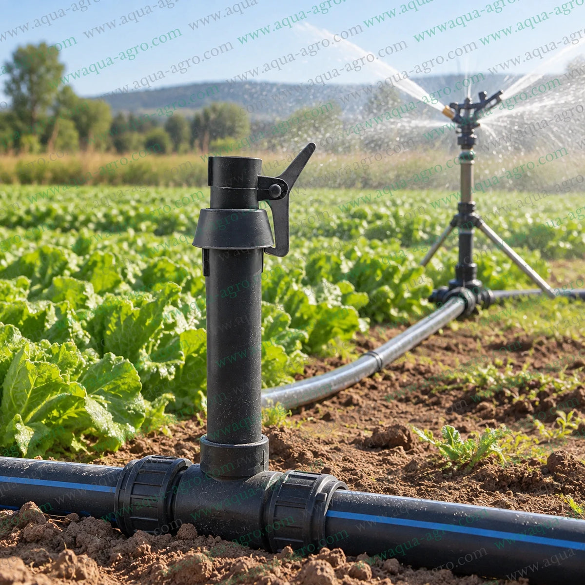 AQUA AGRO plastic clapet quick coupling valve QRC QCV set installed in agricultural irrigation pipeline with 1 inch 32mm female threaded bottom inlet and top riser key for sprinkler irrigation