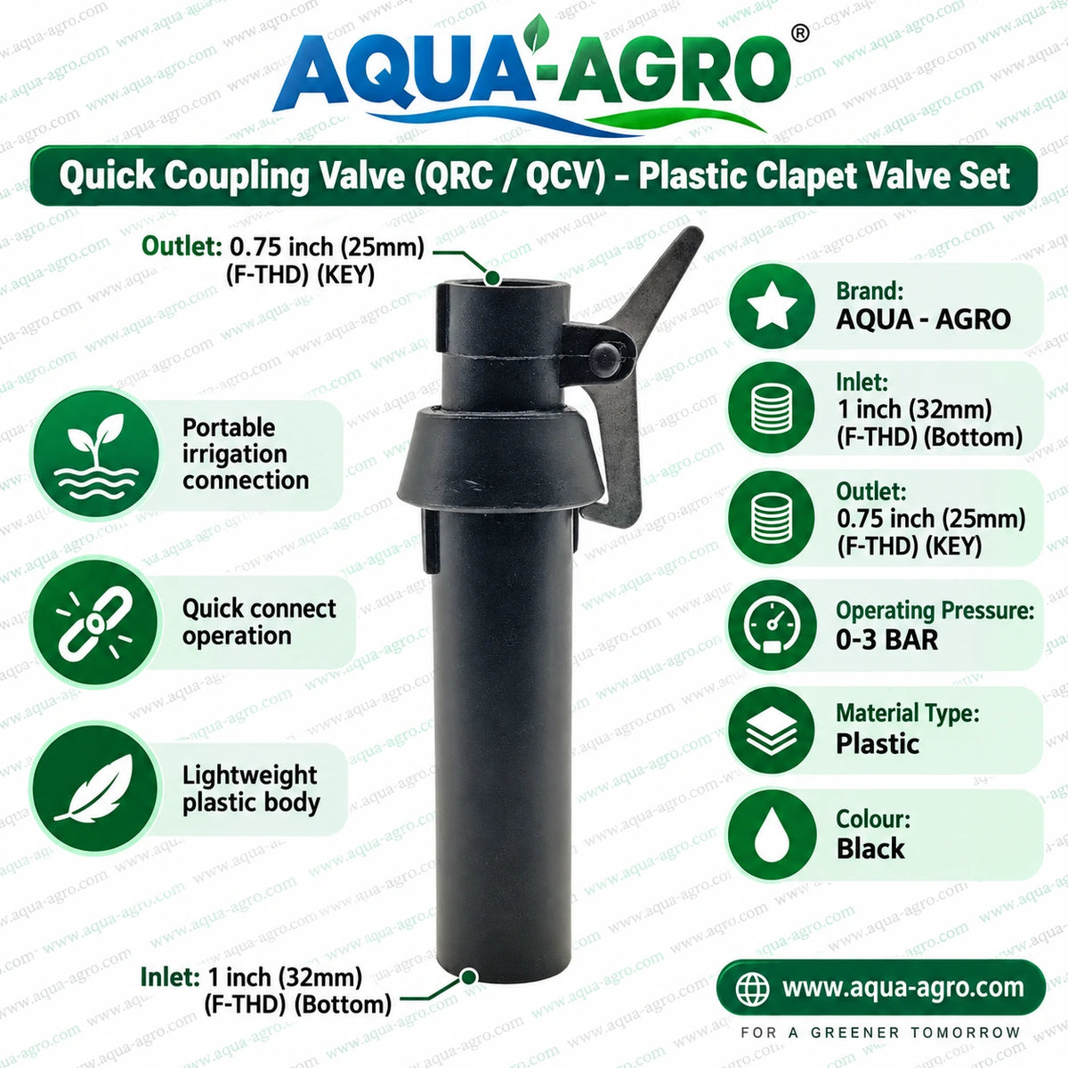 AQUA AGRO plastic clapet quick coupling valve QRC QCV set with 1 inch 32mm female threaded bottom inlet 0.75 inch 25mm female threaded riser key outlet 0 to 3 bar for portable irrigation connection