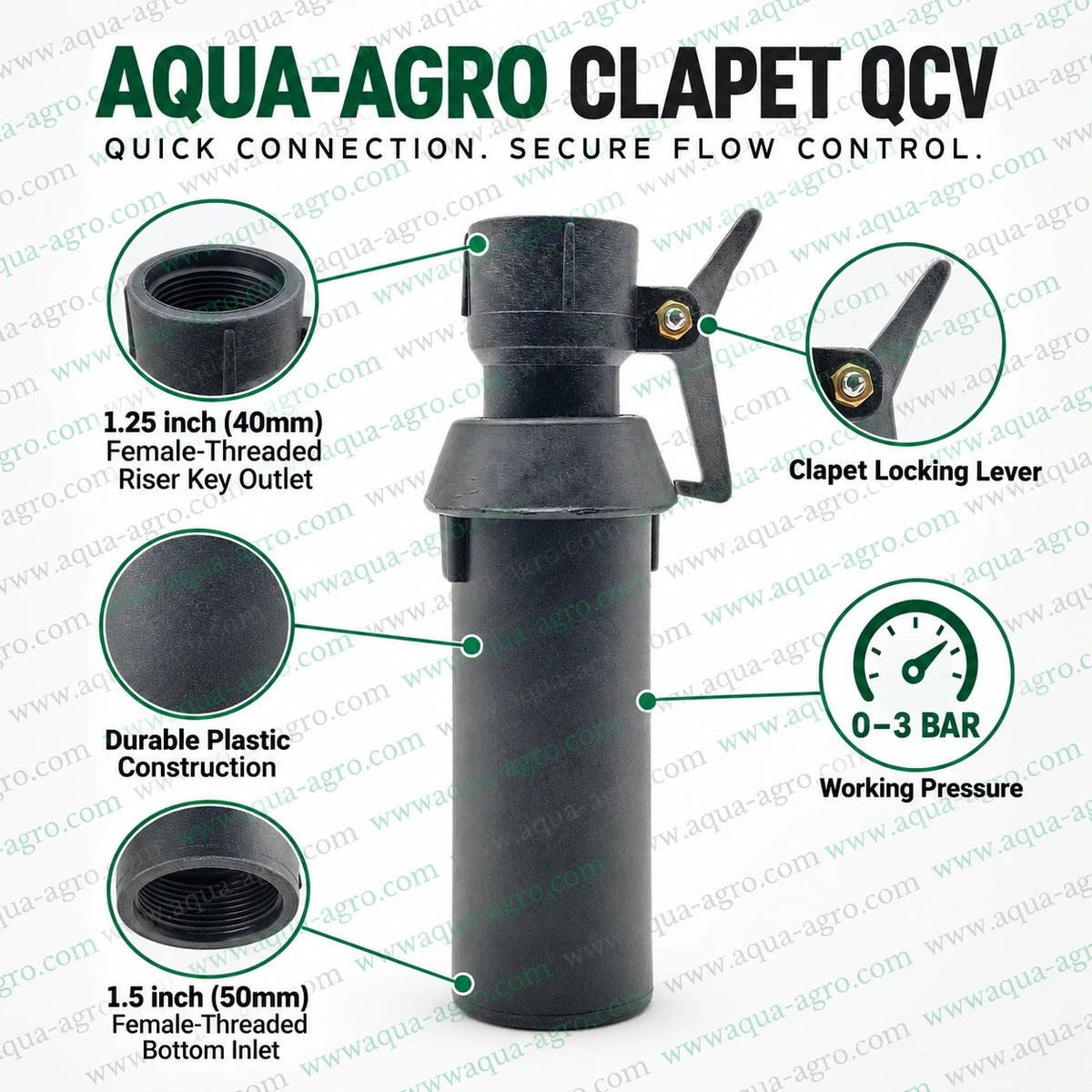 AQUA AGRO plastic clapet QCV quick coupling valve with 1.5 inch 50mm female threaded bottom inlet 1.25 inch 40mm riser key outlet locking lever for portable irrigation
