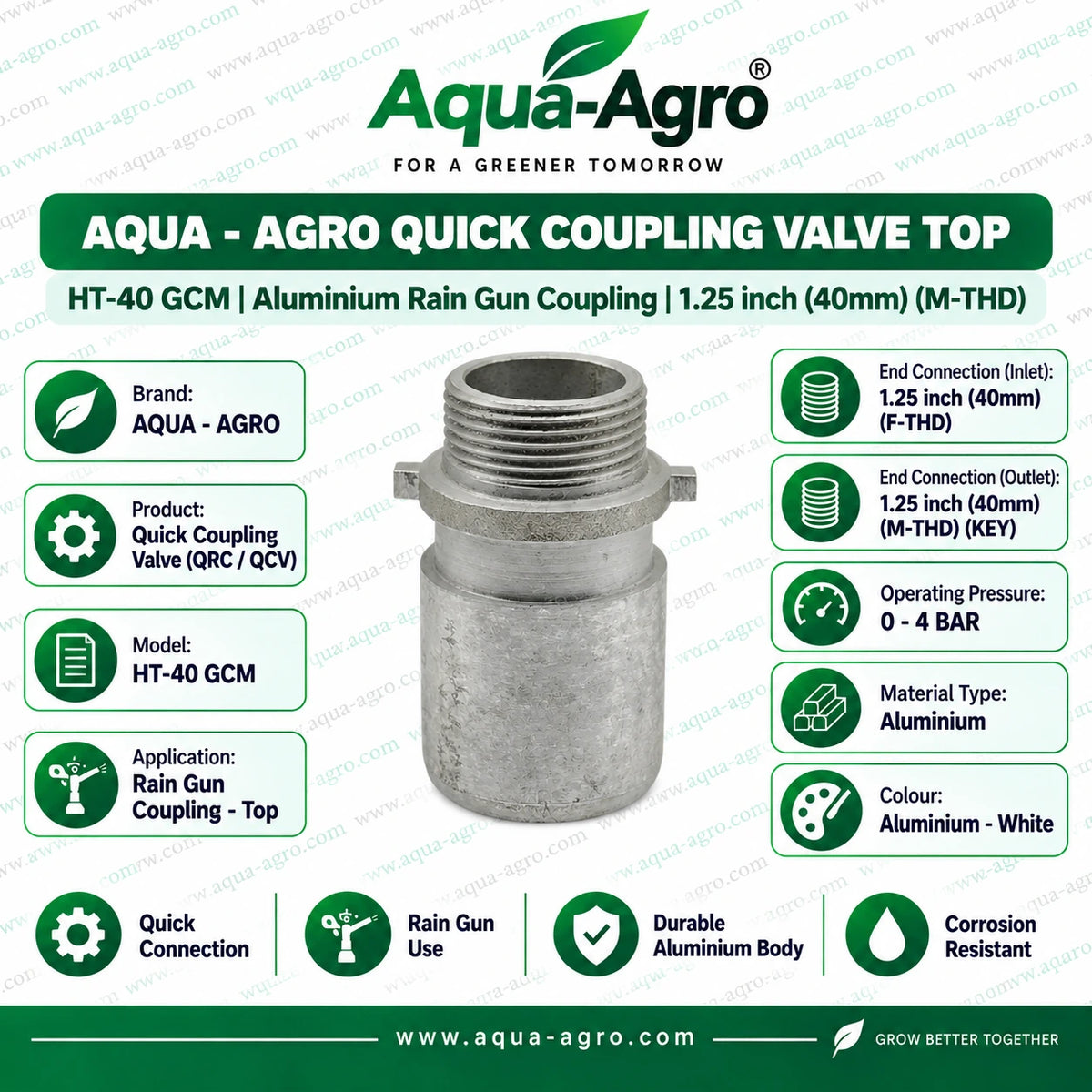 AQUA AGRO HT-40 GCM Aluminium Rain Gun QRC QCV Top Coupling 1.25 Inch 40mm M THD Quick Connect Irrigation Riser Key Coupling