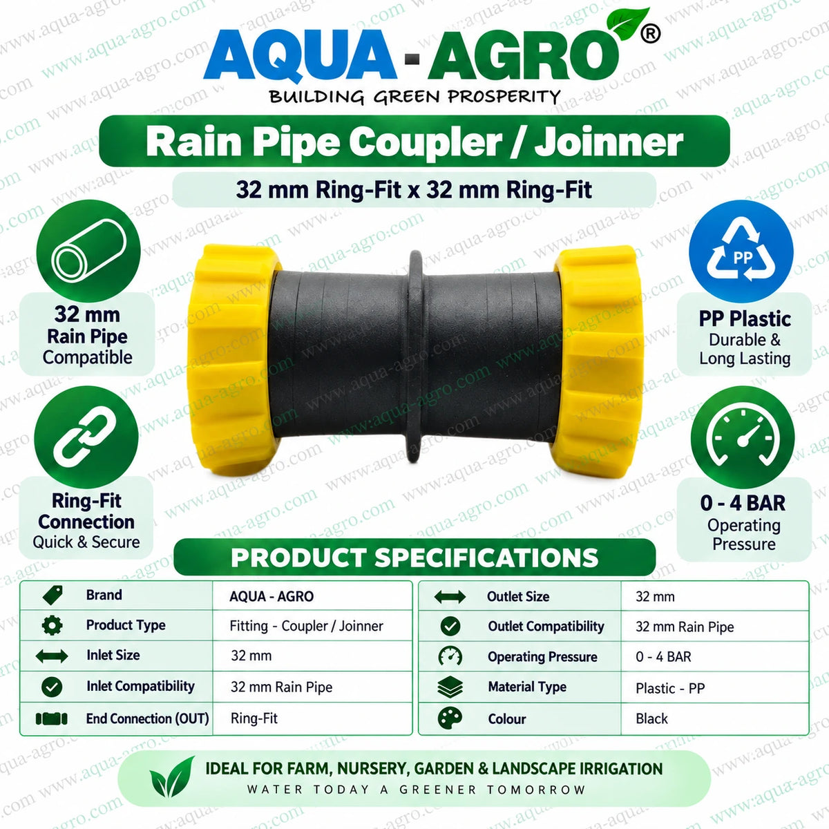 AQUA AGRO 32mm Rain Pipe Coupler Joiner with Ring Fit Connections on Both Ends Durable Black PP Plastic Connector for Agricultural Irrigation Pipe Extension