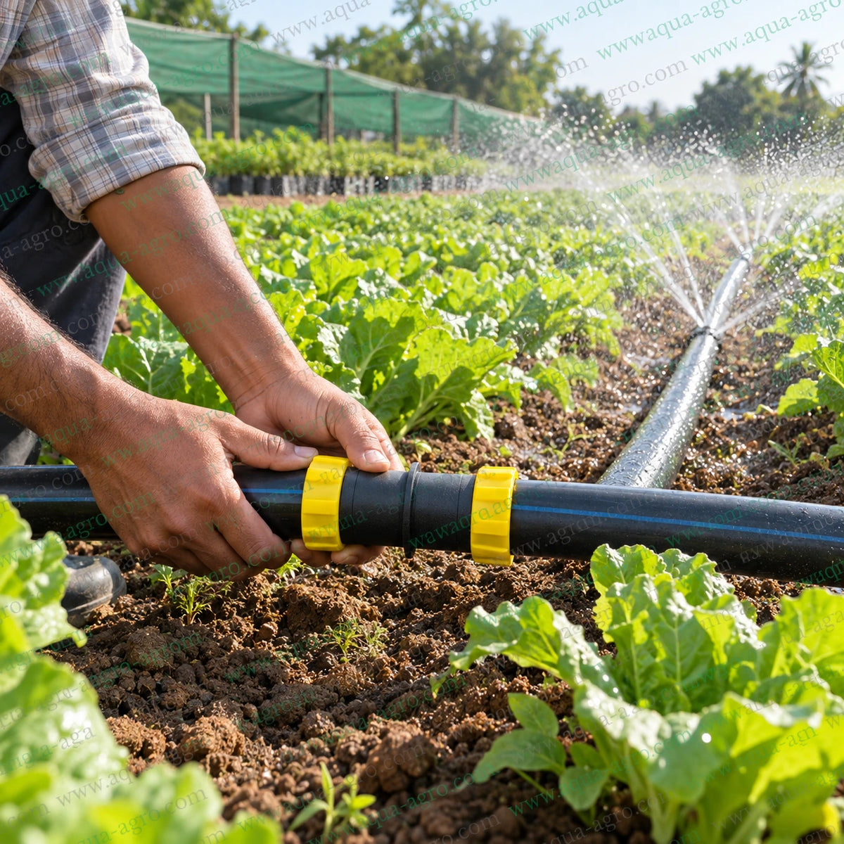 AQUA AGRO 32mm Rain Pipe Coupler Joiner with Yellow Ring Fit Connectors Being Installed to Join Two Irrigation Rain Pipes in Agricultural Field and Vegetable Crop Irrigation System
