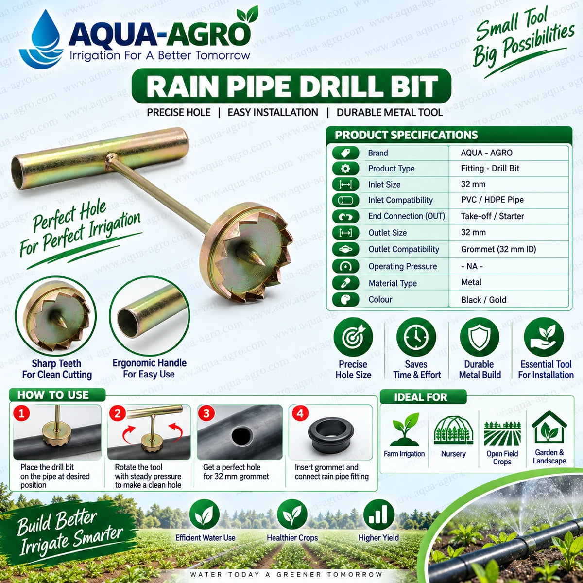AQUA AGRO 32mm Metal Rain Pipe Hole Cutter Drill Bit with T Handle for Precise Drilling and Grommet Fitting Installation in Agricultural Irrigation Systems