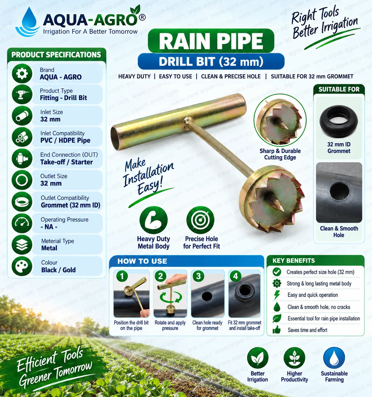 AQUA AGRO 32mm Rain Pipe Drill Bit Heavy Duty Metal Hole Cutting Tool with Sharp Teeth for PVC HDPE Irrigation Pipes and 32mm ID Grommet Installation