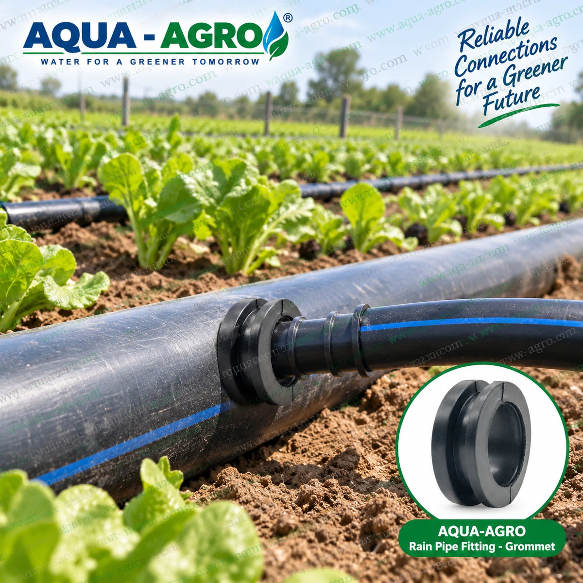 AQUA AGRO 32mm Rain Pipe Grommet Installed on HDPE Mainline Pipe with Barbed Starter Connector for Agricultural Field Irrigation and Water Distribution