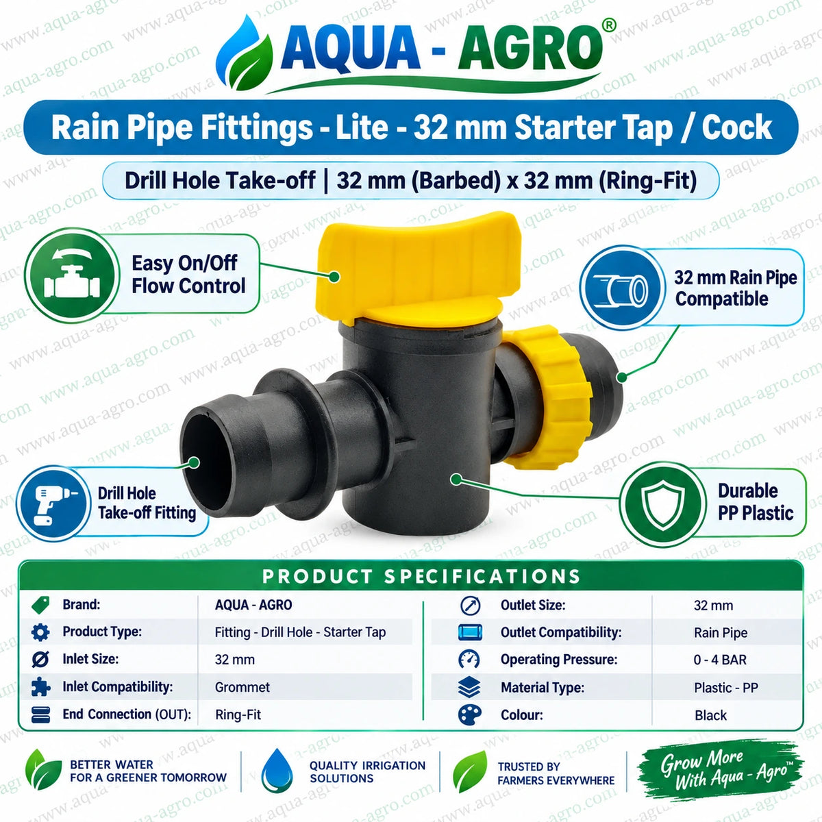 AQUA AGRO 32mm Rain Pipe Starter Tap Cock with 32mm Barbed Inlet and Ring Fit Outlet Durable PP Plastic Body Yellow Flow Control Handle for Agricultural Irrigation