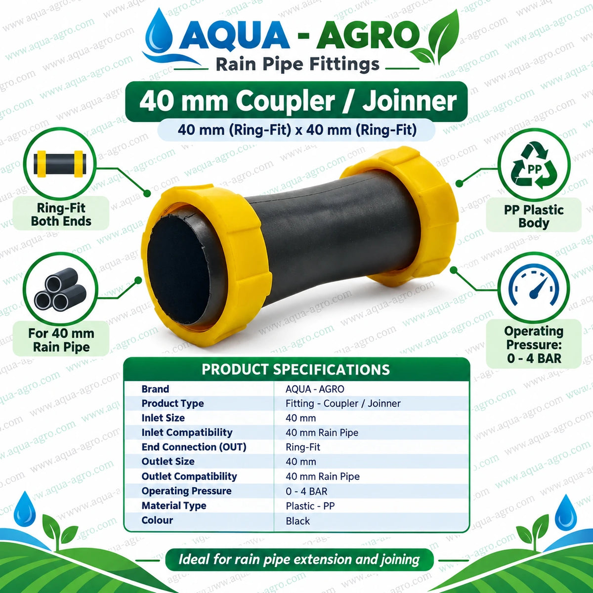 AQUA AGRO 40mm Rain Pipe Coupler Joiner with 40mm Ring Fit Inlet and Outlet Durable Black PP Plastic Body Yellow Locking Rings and 0 to 4 Bar Operating Pressure