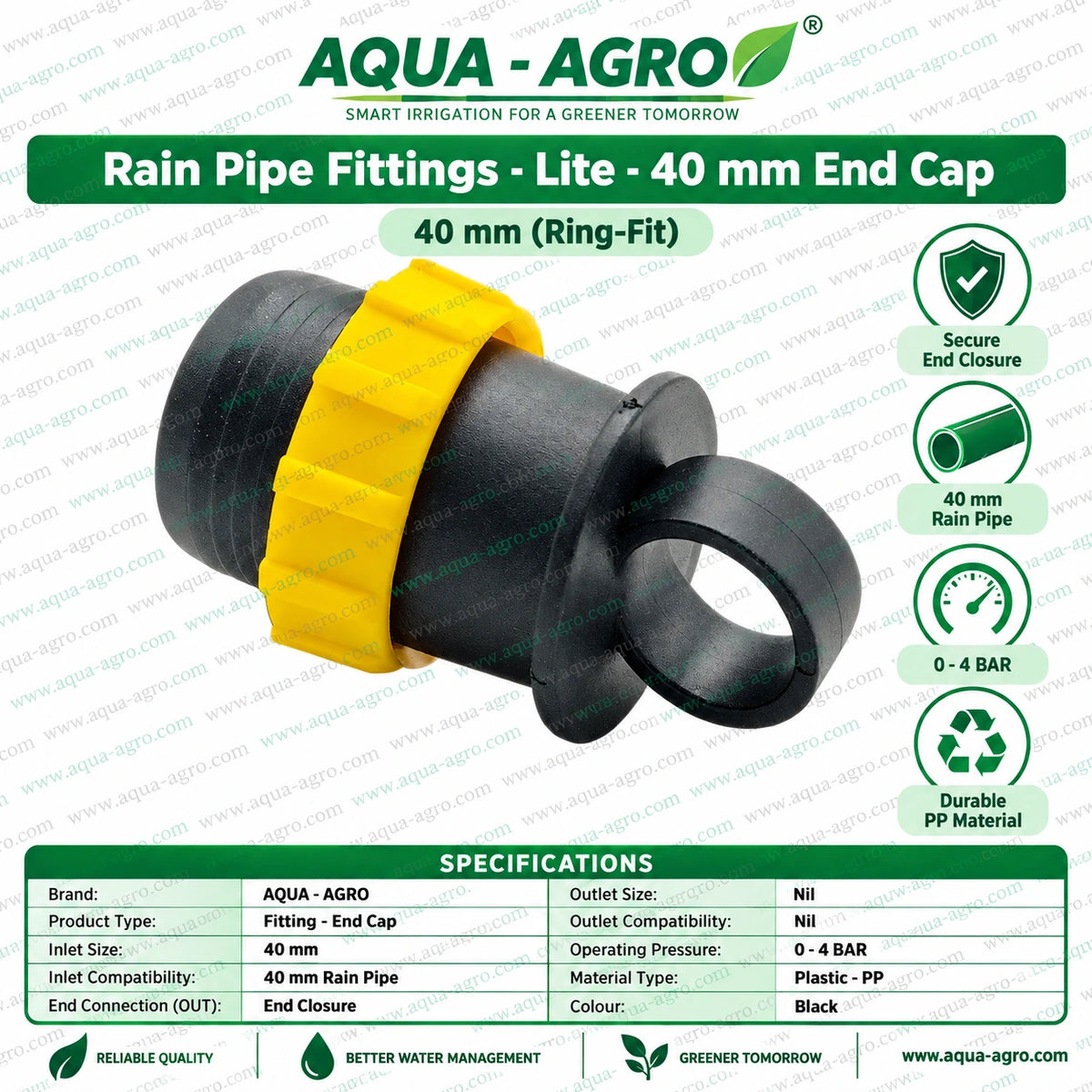 AQUA AGRO 40mm Rain Pipe End Cap Ring Fit Fitting Made from Durable Black PP Plastic with Yellow Locking Ring and 0 to 4 Bar Operating Pressure