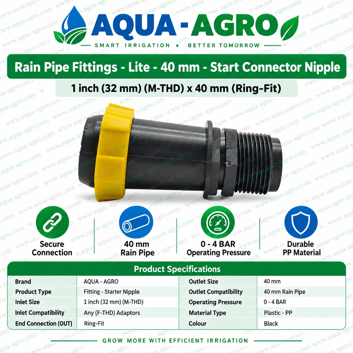 AQUA AGRO 40mm Rain Pipe Start Connector Nipple with 1 Inch Male Threaded Inlet and 40mm Ring Fit Outlet Durable Black PP Plastic Irrigation Pipe Fitting with Yellow Locking Ring