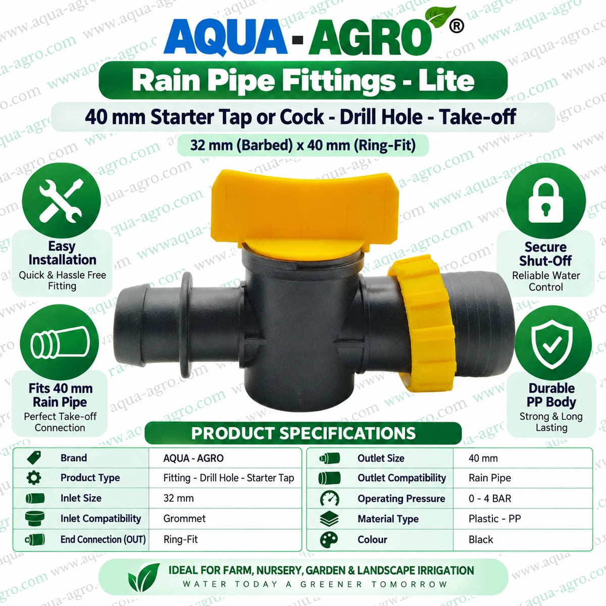 AQUA AGRO 40mm Rain Pipe Starter Tap Cock with 32mm Barbed Inlet and 40mm Ring Fit Outlet Black PP Plastic Take Off Connector for Agricultural Irrigation