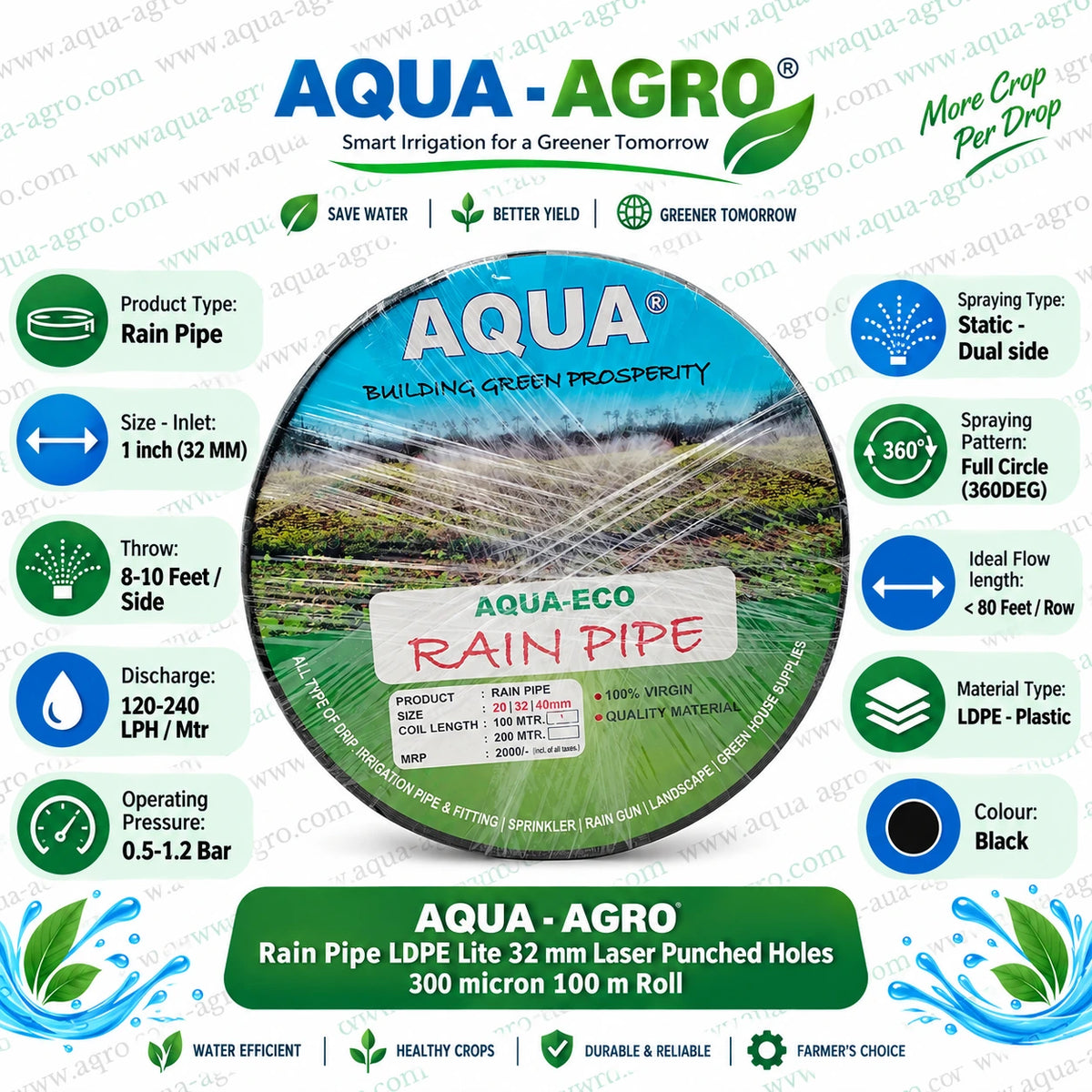 AQUA-AGRO 32mm LDPE Lite Rain Pipe 300 Micron Thickness 100 Meter Roll with Laser Punched Holes Dual Side Water Spray 8 to 10 Feet Throw and Low Pressure Irrigation for Agricultural Farming
