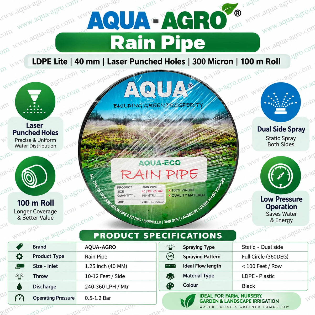 AQUA-AGRO 40mm LDPE Lite Rain Pipe 300 Micron Thickness 100 Meter Roll with Laser Punched Holes Dual Side Spray and Low Pressure Operation for Farm Nursery Garden and Landscape Irrigation