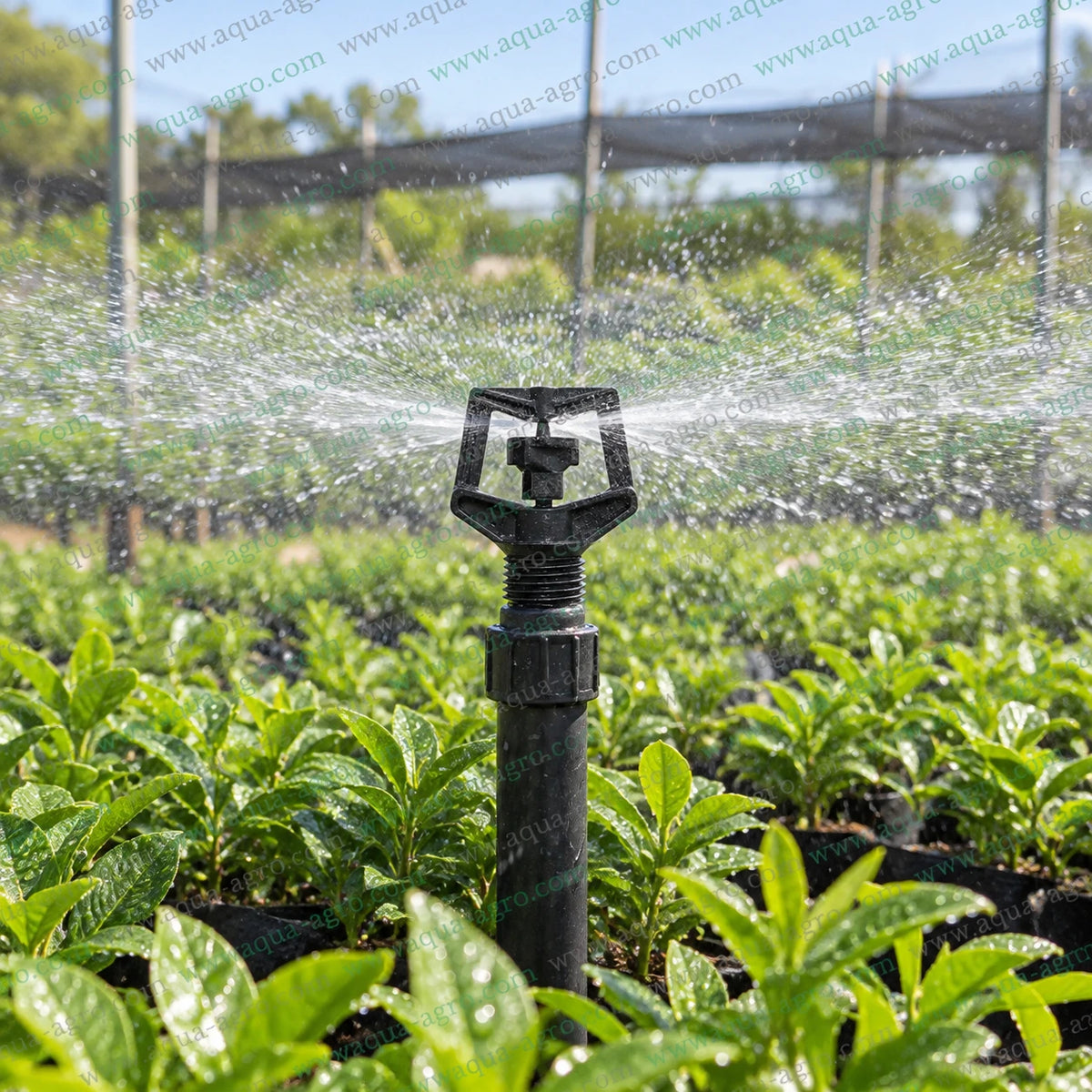 AQUA-AGRO Hydro-Jet full circle micro sprinkler spraying water in nursery plants with 8 to 14 feet radius for garden farm and agricultural irrigation