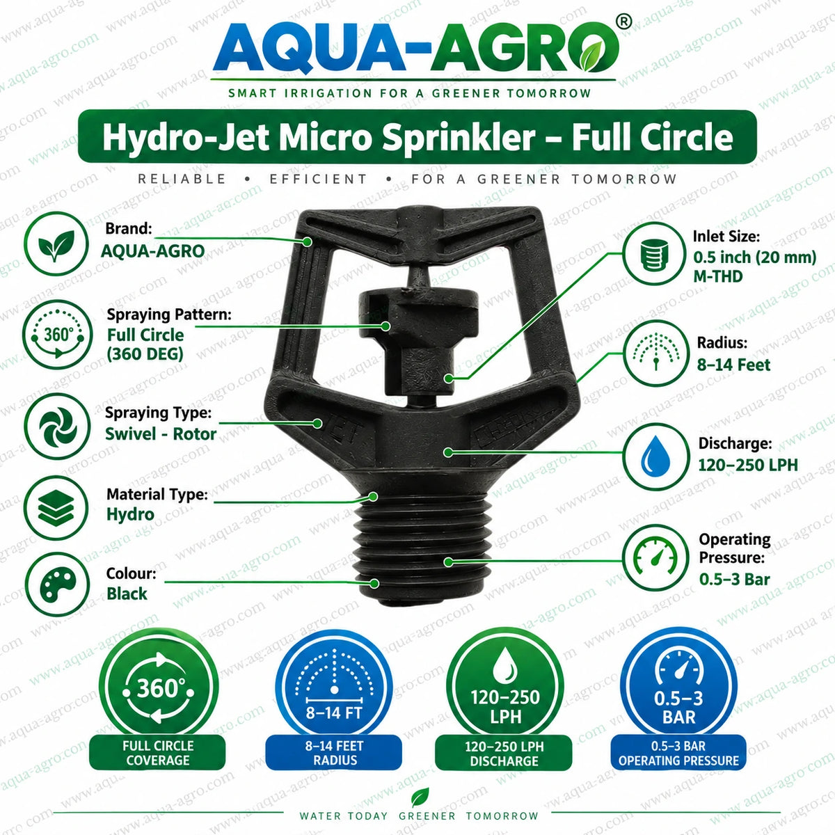AQUA-AGRO Hydro-Jet micro sprinkler 0.5 inch 20mm male threaded full circle 360 degree rotor with 120 to 250 LPH discharge and 8 to 14 feet watering radius