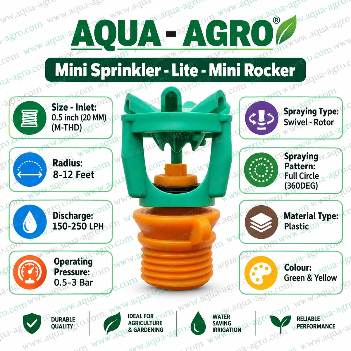AQUA-AGRO mini rocker sprinkler in operation with full circle 360 degree uniform water spray 8 to 12 feet radius for vegetable crops farms nurseries gardens and agricultural irrigation