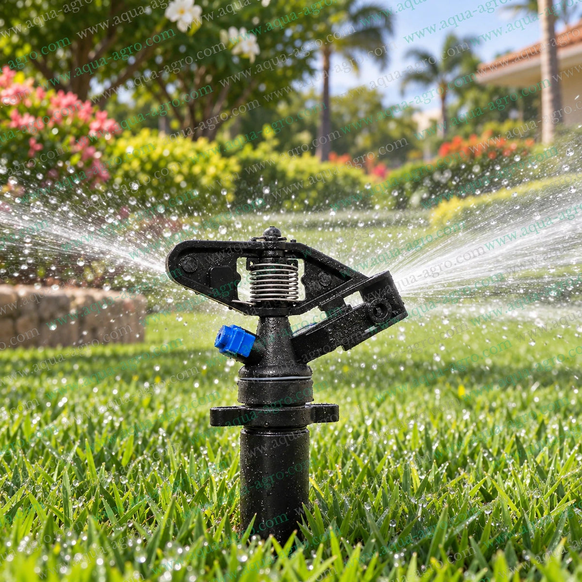 AQUA-AGRO nano impact mini sprinkler watering green lawn with full circle 360 degree water coverage 15 to 25 feet radius 300 to 650 LPH flow 0.5 inch 20mm male threaded inlet for lawn garden landscape and agricultural irrigation