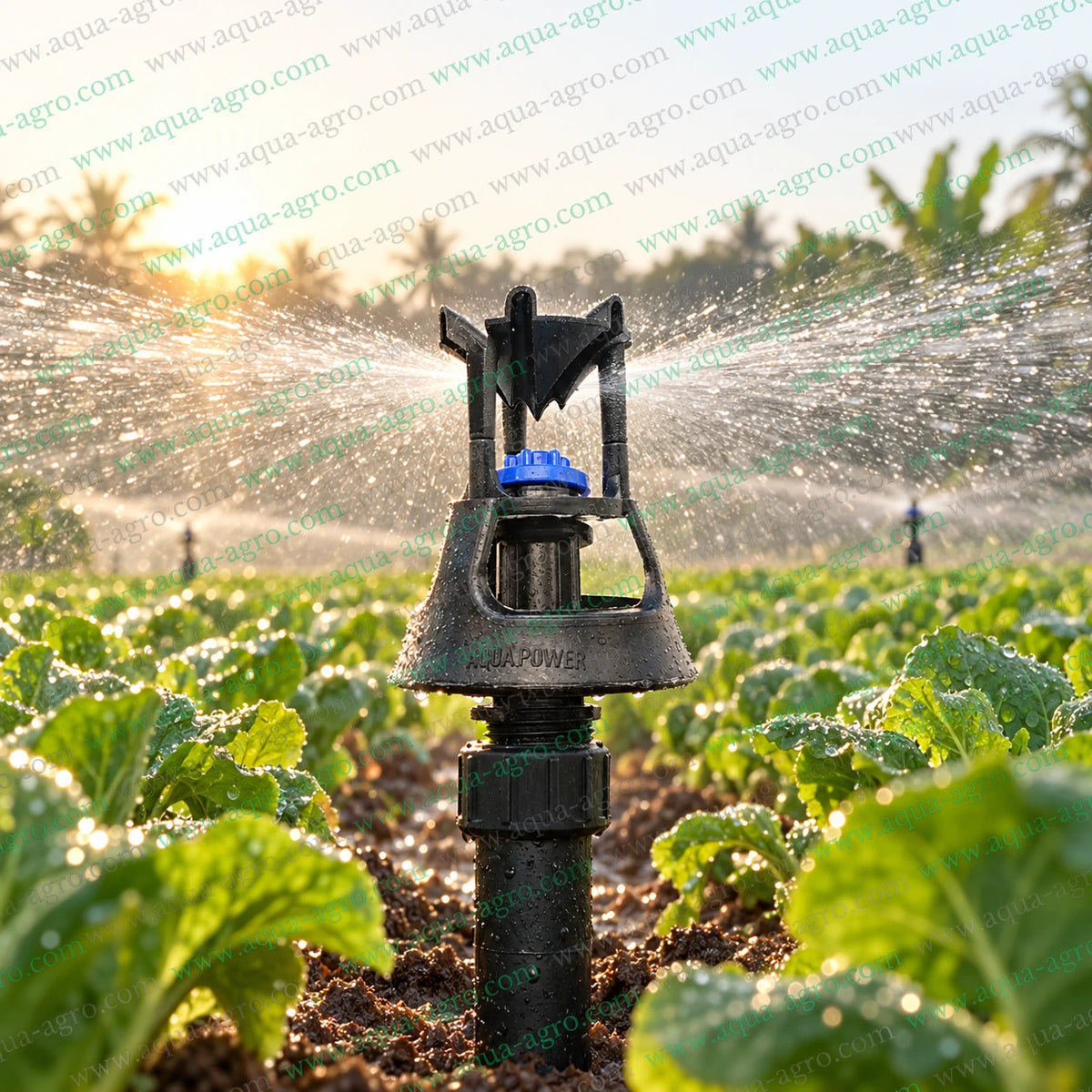 AQUA-AGRO rocker mini sprinkler full circle 360 degree swivel rotor with 12 to 20 feet spray radius 300 to 500 LPH discharge 0.5 inch 20mm male threaded inlet for farm crop garden and agricultural irrigation