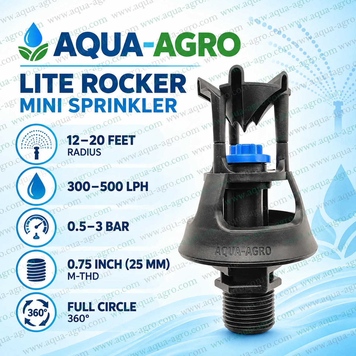 AQUA-AGRO lite rocker mini sprinkler full circle 360 degree with 12 to 20 feet spray radius 300 to 500 LPH discharge 0.5 to 3 bar operating pressure 0.75 inch 25mm male threaded inlet for agricultural farm garden and landscape irrigation