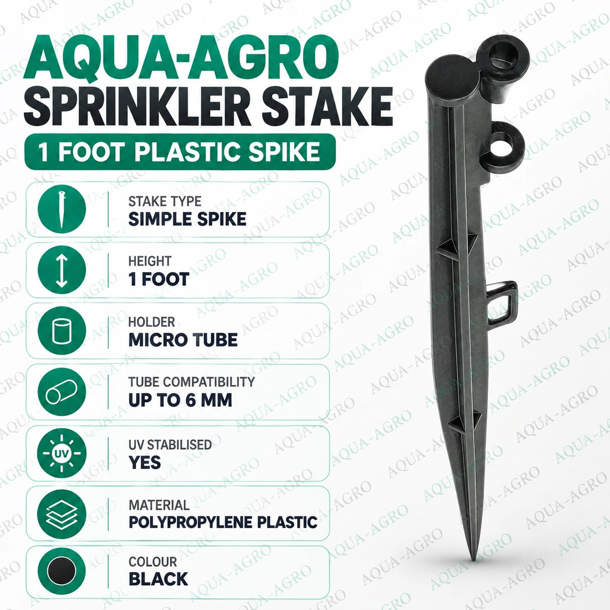 AQUA-AGRO 1 foot black polypropylene plastic sprinkler stake with micro tube holder and guide loops suitable for up to 6mm tubing UV stabilised ground spike for micro sprinkler and drip irrigation systems