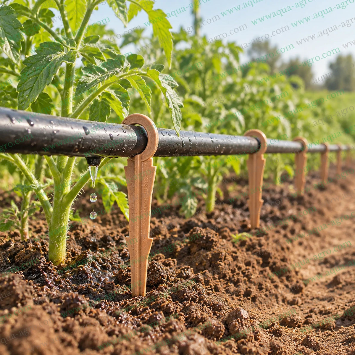AQUA AGRO brown plastic side C hook tie down stakes installed in soil securely holding 16mm drip tube for agricultural drip irrigation systems