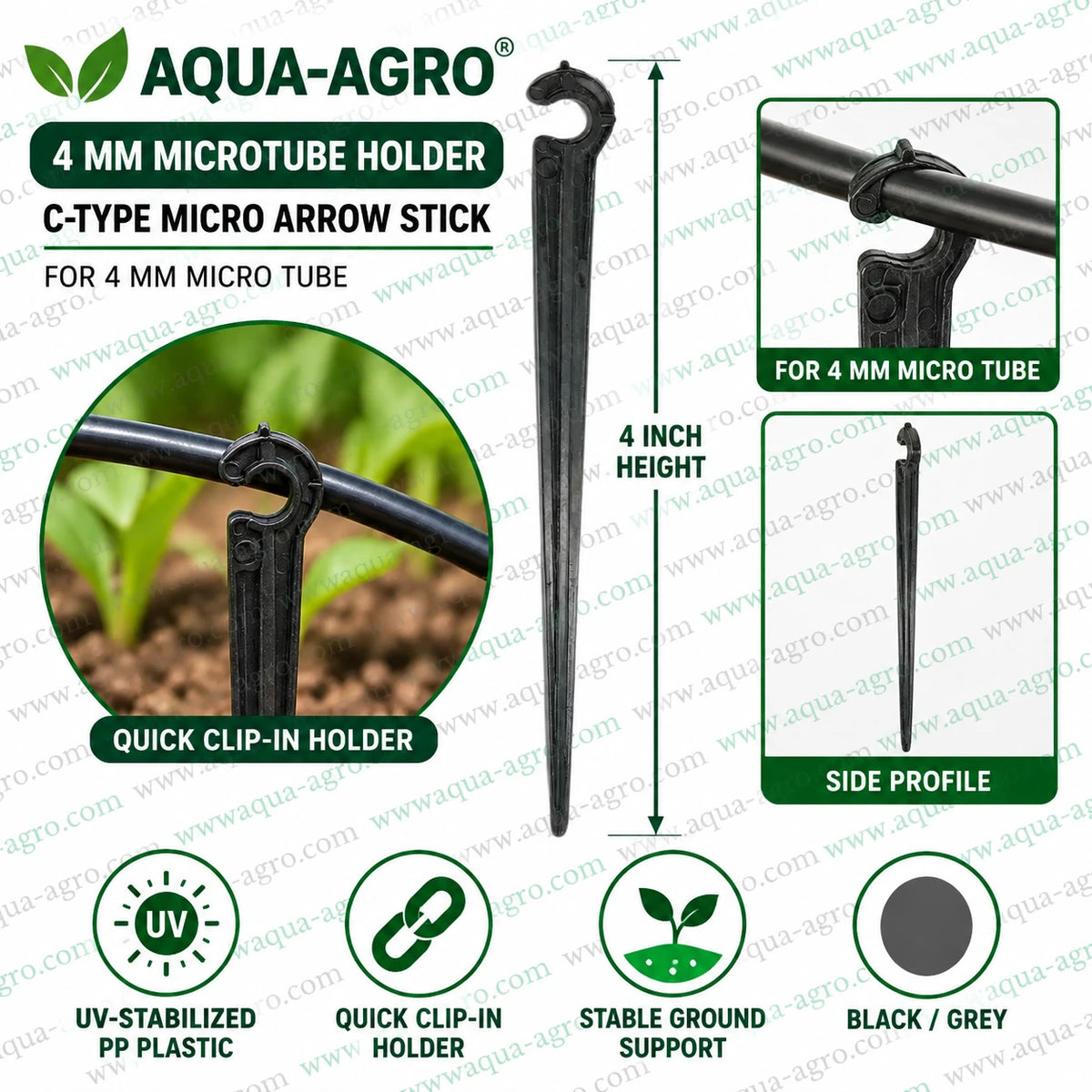 AQUA AGRO C type micro arrow stick holder for 4mm micro tube with quick clip design stable ground support for drip irrigation systems